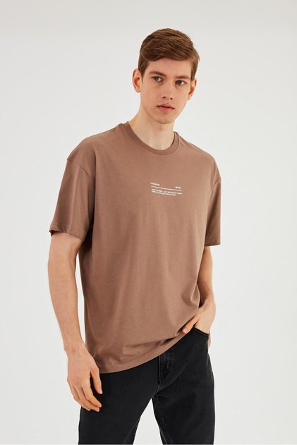 Leo Men's Oversize T-Shirt 100% Cotton Crew Neck Print Detailed Basic Mink T-Shirt