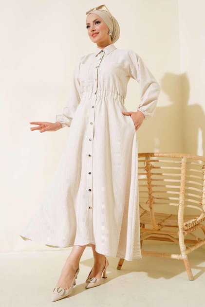 Metal Buttoned Striped Women's Dress