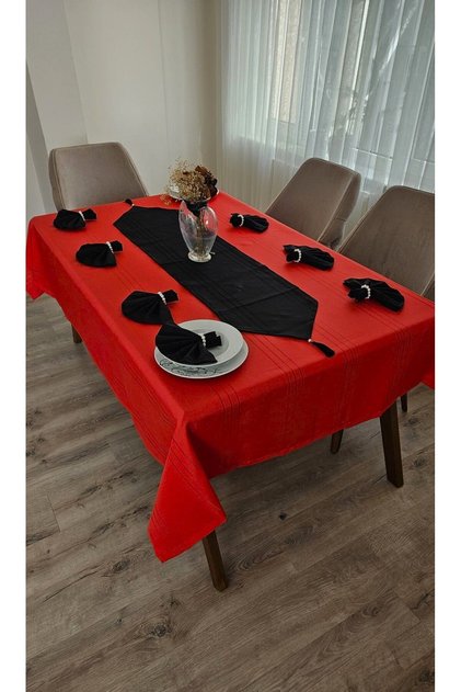 Colber Stripe Detailed Tablecloth (Red-Black) 12 Seaters 26 Pieces