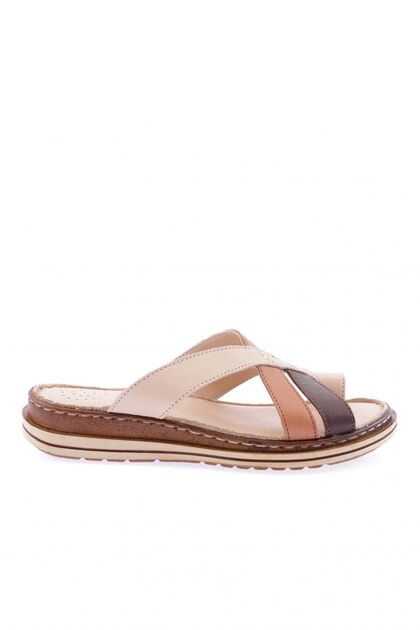 290-23y Flip Flops damă cu bretele încrucișate din piele naturală Bej Garni