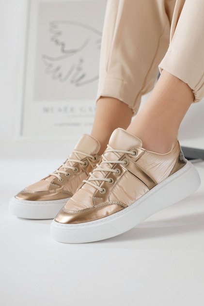 Jakleen Gold Patent Leather Detailed Parachute Women's Sneakers, Women's Sneakers