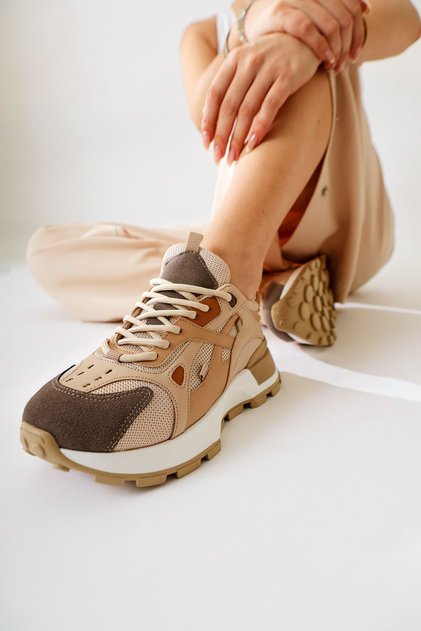 Siska Beige-Brown, Bitter Brown Color Lace-Up High Sole Women's Sneakers, Women's Sports Shoes