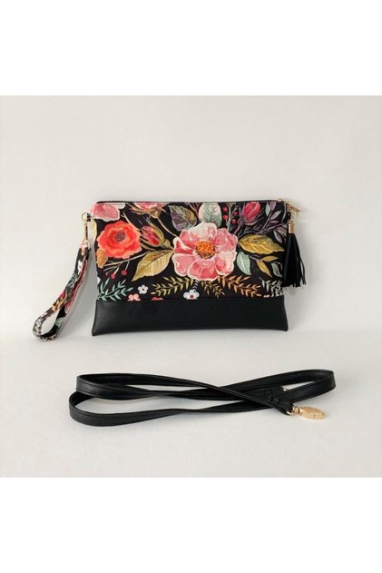 Kadın Siyah Çiçekli Uzun Sap İlaveli Clutch Çanta