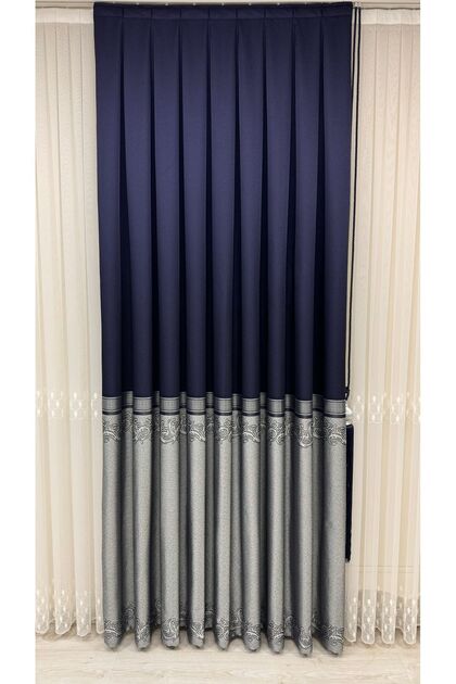 Navy Blue Gray Patterned Wallpaper Curtain (Single Wing)