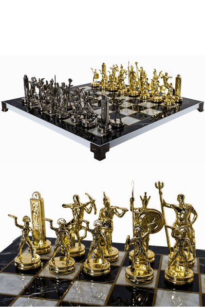 Large Metal Chess Set| 37cm Marble Patterned Chessboard| Greek Mythological Poseidon Figured