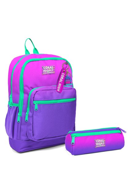 Elementary School Backpack and Pencil Case Set - Pink and Purple Gradient - Girl's