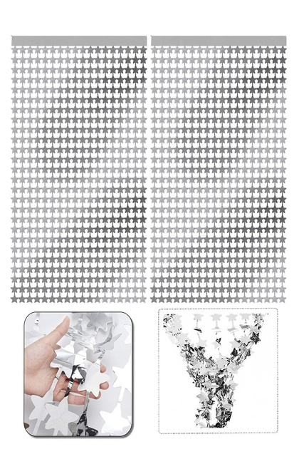 2li Yıldızlı Gümüş Fon Arka Perde Işıltılı Yapışkanlı Silver Sarısı Yıldız Duvar Fotoğraf Perdesi