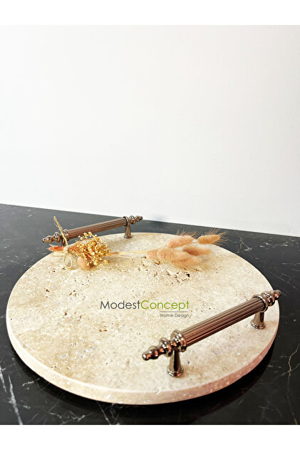 Modestmar Traverten Mermer Tepsi, Sunum Tepsisi Bronz Kulp, Nişan