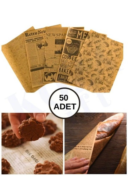 50 Adet Kendinden Gazete Desenli Sunum Kağıdı (5 Farklı Desen)