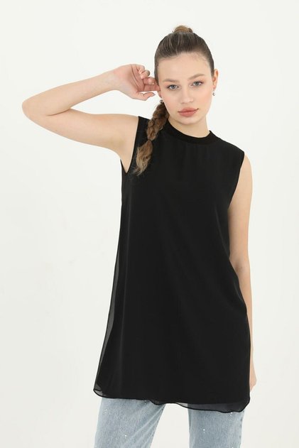 Tunic Undergarment with Chiffon Detail on the Front, Zero Sleeves, Black 02700