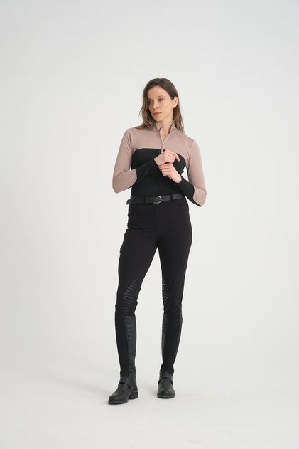 Beige Color Black Garnished Long Sleeve Zippered Rider Women's T-Shirt