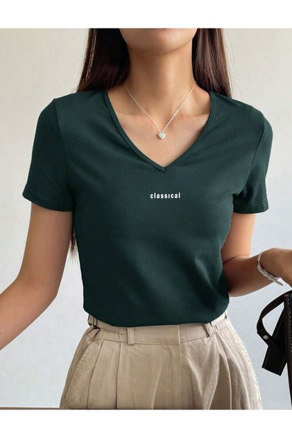 V Yaka Basic Pamuklu CLASSİCAL Baskılı Tshirt