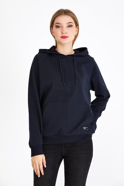 Kadın Lacivert Basic Kapüşonlu Regular Fit Rahat Sweatshirt