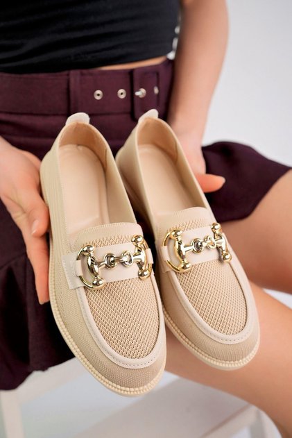 Women's Nude Chain Buckle Thick Sole Pu Leather Daily Classic Heeled Loafer Moccasin Shoes F Cream Te
