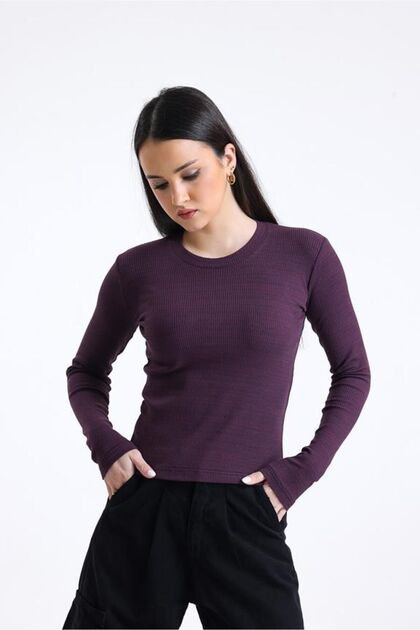 Cherry Rot Cotton Corded Fabric Ribbed Knit Crew Neck Flexible Long Sleeve T-Shirt Body