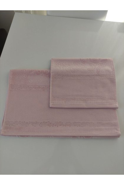 Velvet Towel Set (2 Pieces) Mother and Daughter (Hand Face and Kitchen Towel) Pink Color with Etamine Gap