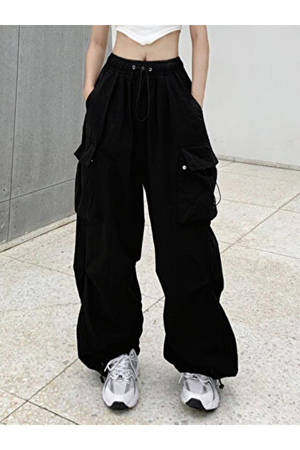 Black Tactical Parachute Fabric Oversize Unisex Trousers with Cargo Pocket