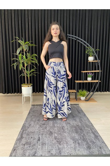 Women's Dark Blue Leaf Patterned Ruched Lycra Woven Pants Skirt