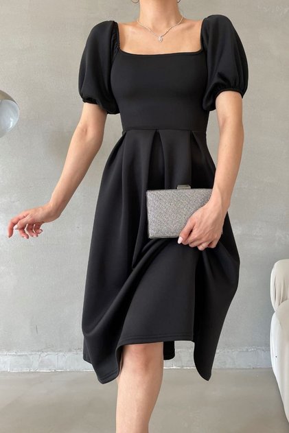 Women's Black Diving Fabric Square Neck Balloon Sleeve Design Midi Dress 582613