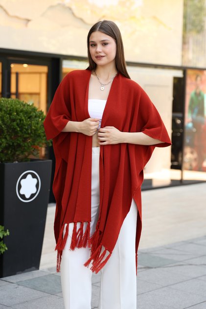 V-Neck Short Sleeve Skirt with Tassels Solid Color Side Stitching Midi Length Knitwear Shawl Look Poncho