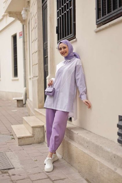 Kadın Poplin Yan Lila Çizgili Gömlek-Beyaz