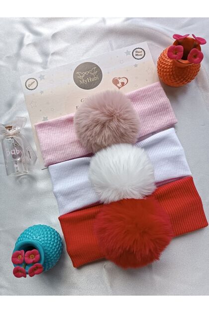 3-Piece Combination Handmade Baby Girl Rabbit Hair Pompom Bandana