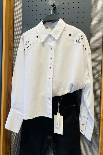 Women's White Stone Embroidered Buttons Design Detail 100% Cotton Short Shirt