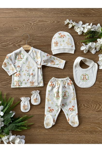 Organic 5 Piece Newborn Hospital Release Baby Bodysuit Set Bear Squirrel