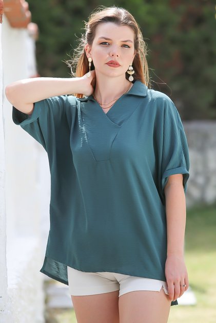 Petrol Green Shirt Collar Short Sleeve Long Woven Back Casual Blouse