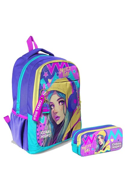 Girls' Lavender Turquoise Earflap Backpack and Pencil Case Set for Primary and Secondary Schools