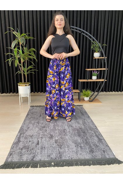 Women's Purple Flower Patterned Ruched Lycra Woven Pants Skirt