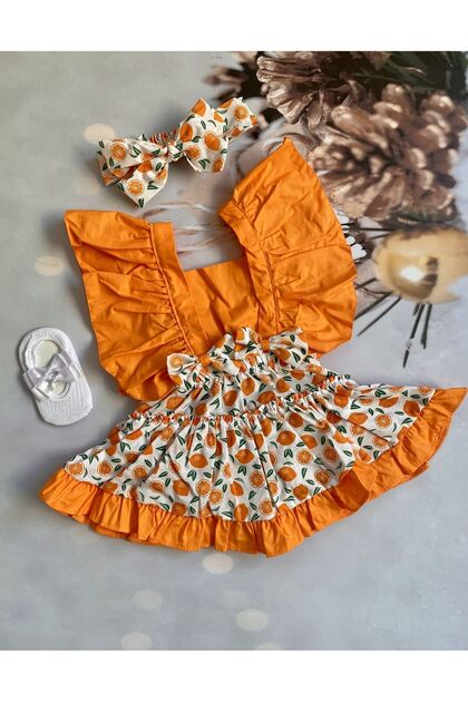 Baby Girl Orange Patterned Salopet Ballerina Socks Bandana Set