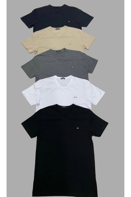 Men's Cotton Lycra Slim Fit V-neck T-shirt 5 Pack