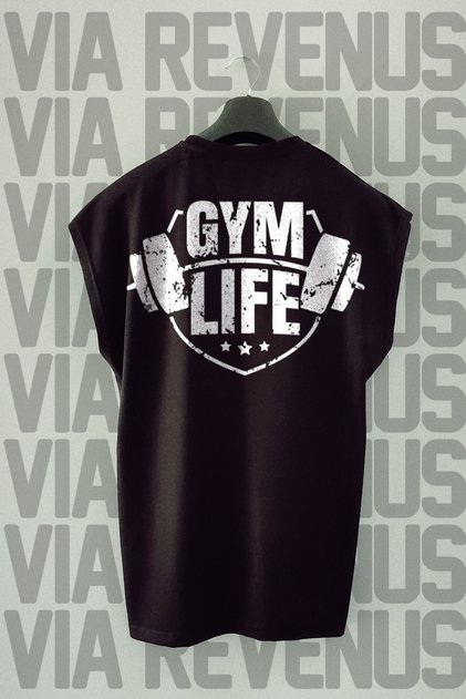 Gym Life Back Printed Oversize Wide Fit Zero Sleeve Black Sports T-Shirt