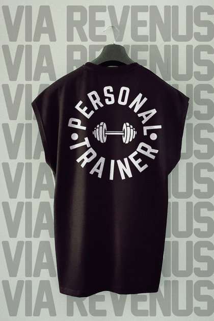 Personal Trainer Back Printed Oversize Wide Fit Zero Sleeve Black Sports T-Shirt