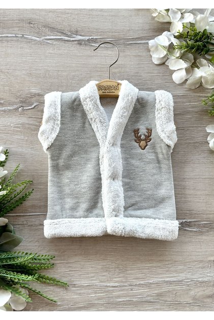 Plush Inside Wellsoft Winter Baby Vest Deer Embroidery Gray