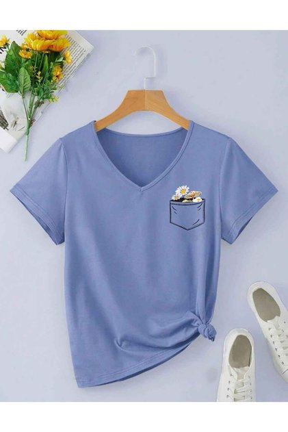 V-Neck Basic Printed Cotton T-Shirt with Floral Print (Regular Fit)