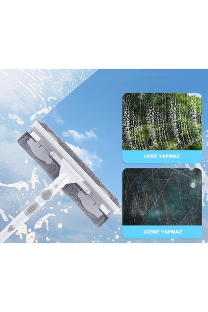 360 Derece Oynar Başlıklı Mikrofiber , Çekçekli Teleskopik Cam Silme Aparatı + Yedek Bez