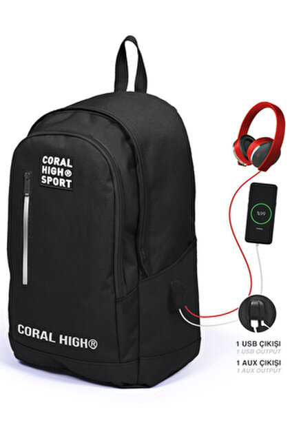 Coral High Sport Siyah Dört Bölmeli Usb Şarjlı Kulaklık Çıkışlı