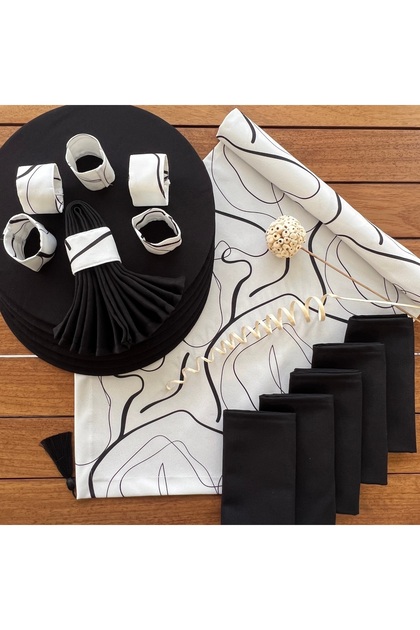 American Service Set, New Season, Black Knot Pattern, 6 Plates, 6 Napkins, 6 Napkin Rings and Runner Cover