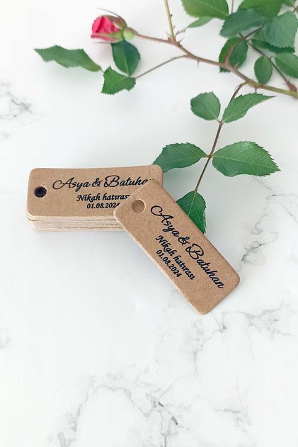 Kişiye özel etiket - Düğün-nişan- nikah Etiketi - 100 adet kraft etiket ( 2 x 5 cm)