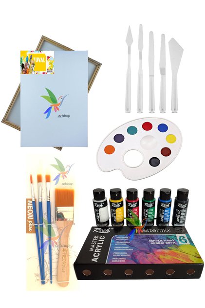 Rich Başlangıç Seti 6x60cc Ana Renk,35x50 Tuval,Zemin Fırçalı Set, Spatula, Palet, Boyama Seti