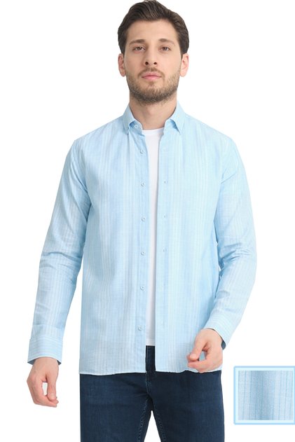 Men's Blue Striped Pocketless Linen Effect Wide Cut Long Sleeve Shirt