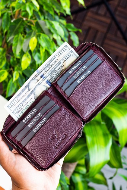Unisex Bordo Carole Hakiki Deri Fermuar Kilitli Cüzdan