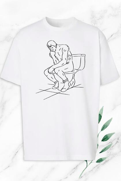 Oversize Thinking Man Sculpture Printed White T-Shirt