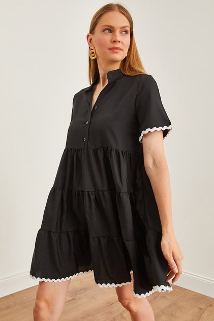 Women's Black Streamline Detailed Buttoned Mini Dress Elb- 19002194