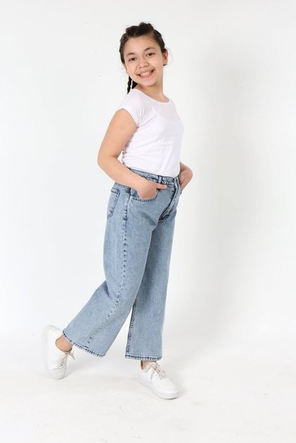 Girl's Loose Cut Jean Fabric Wide Leg Denim Trousers
