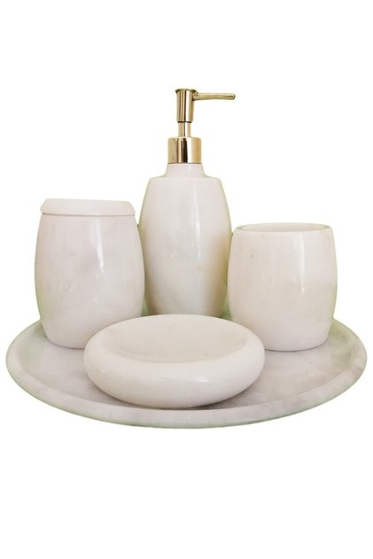 Decorative White Marble Bathroom Set Set of 5 with Gold Detailing