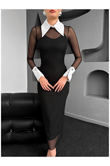 buqre's moda New Season Shirt Collar Gold Button Detail Transparent Black  Midi Tulle Dress- Trendyol