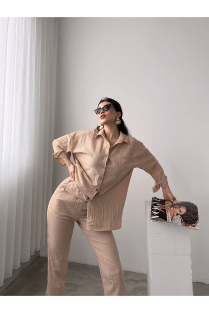 Women's Double Linen Shirt Pants Bottom Top Set
